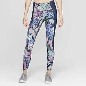JOYLAB High Rise Waisted 7/8 Reversible Legging Navy Blue Green Floral Active